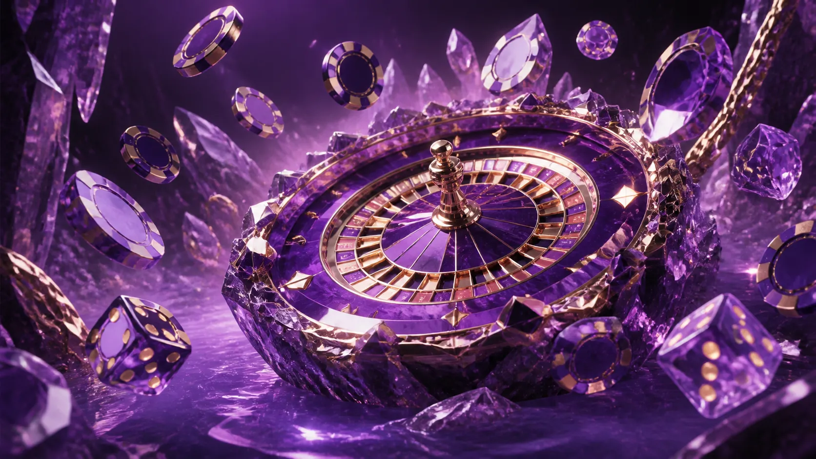 Cyberpunk casino scene with neon lights, glowing poker chips, and rolling dice creating a futuristic atmosphere.