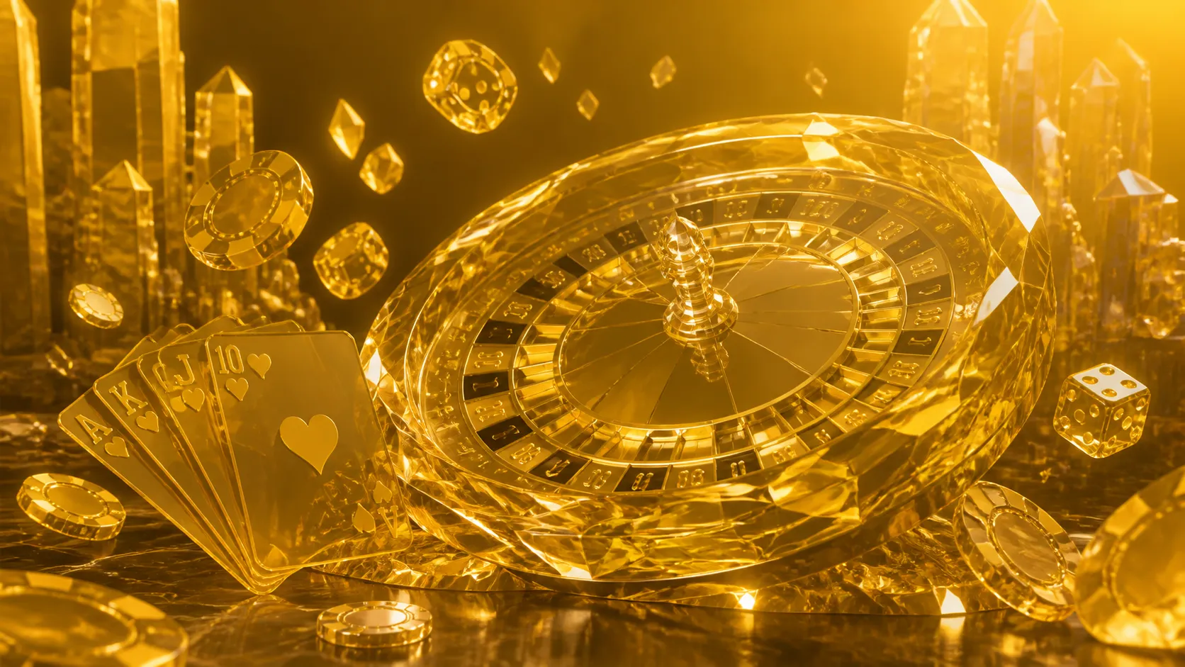 Cinematic depiction of poker chips, playing cards, and roulette wheel in a luxurious crystal-themed casino setting, with prem